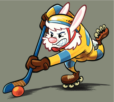 A white, furious bunny, driving an in-line hockey ball with a hockey stick. In blue and yellow sports uniform. 