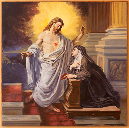 Bari - The painting of apparition of Heart Jesus to St. Theresa of Avila in the church Chiesa di Sacro Cuore by unknown artist from end of 19. cent.