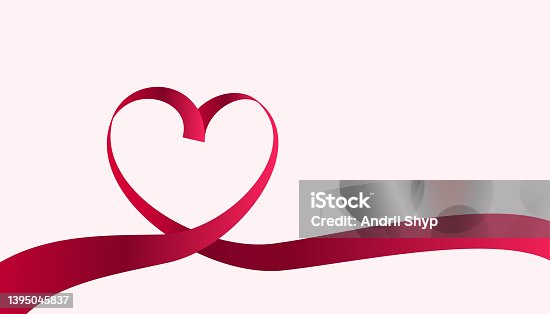 istock Red heart.  Red silk ribbon. Romantic card background. 1395045837