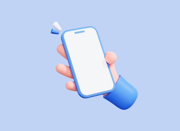 3D Hand holding mobile phone with empty screen. Cartoon smartphone isolated on blue background. Phone device Mockup. Marketing time banner template. 3D Rendering stock photo