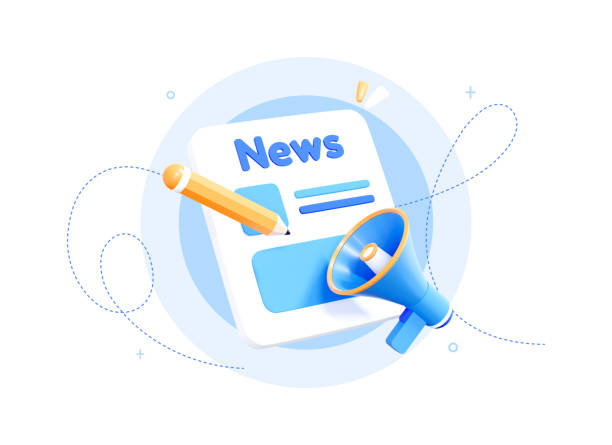 concept news update mit megaphon. zeitungs- oder newsletter-konzept-icon mit lautsprecher. tagespresse. realistische elemente, die auf weißem hintergrund isoliert sind. 3d-rendering - newspaper the media business new stock-fotos und bilder