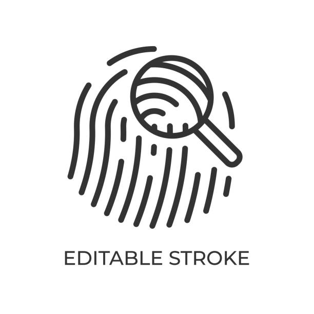 Evidence fingerprint. Evidence fingerprint. Proof left behind by criminals. Traces of a crime. Judicial materials. Vector illustration. Editable stroke linear icon. thumbprint people cartoons stock illustrations