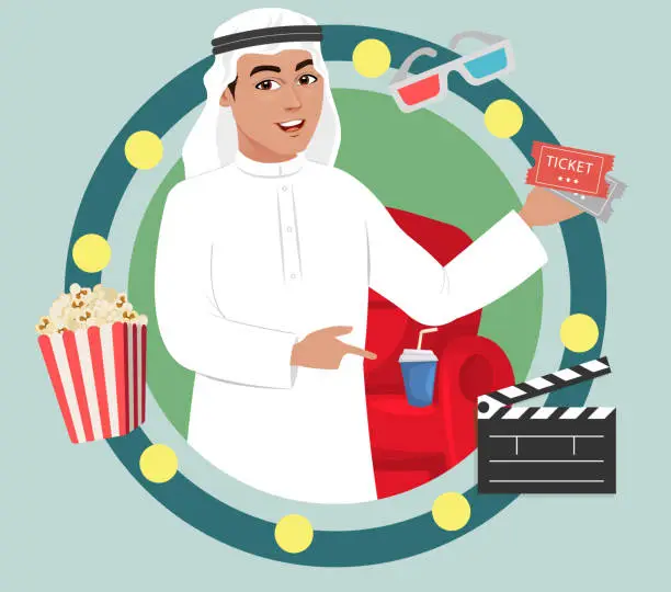 Vector illustration of Arab muslim saudi boy or man watching movie in a Cinema or theater. Holding tickets and excited about new released entertainment film.