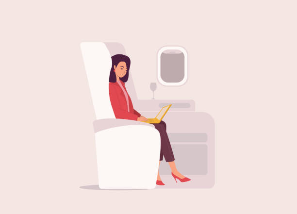 Businesswoman Working With Laptop On First Class Airplane. One Businesswoman In Red Coat Working With Laptop On First Class Airplane. Isolated On Color Background. progress window stock illustrations