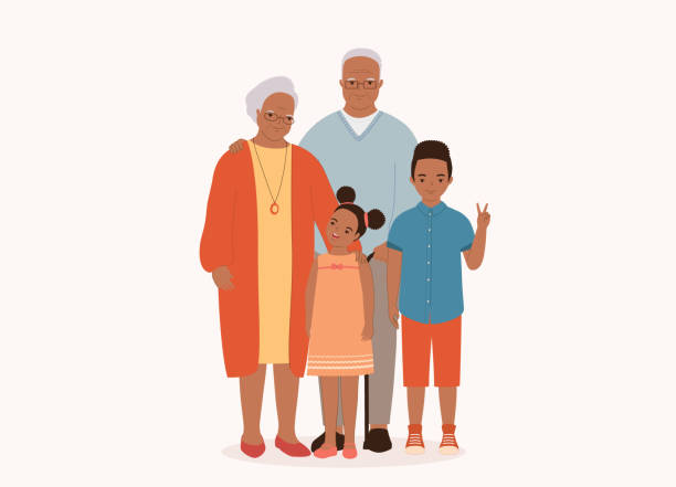 чернокожие бабушка и дедушка и внуки. - grandmother standing senior women senior adult stock illustrations