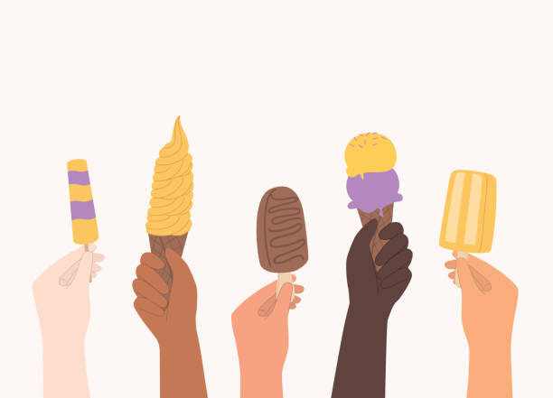 ilustrações, clipart, desenhos animados e ícones de diversos grupos de mãos humanas segurando diferentes tipos de sorvete. - hand raised arms raised multi ethnic group human hand