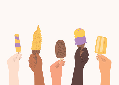 Diverse Group Of Human’s Hands Holding Different Types Of Ice Cream Flavours. Isolated On Color Background.