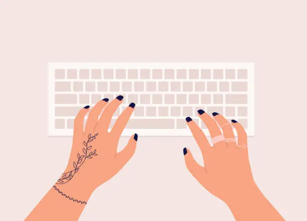 Vector illustration of Female’s Hand With Tattoo Typing On Computer Keyboard.