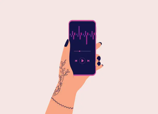 Vector illustration of Female’s Hand With Tattoo Holding Mobile Phone With Music Player App.