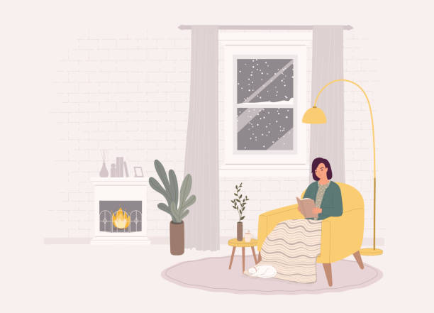 집에서 책을 읽는 소파에 앉아있는 여성. - blanket fireplace winter women stock illustrations