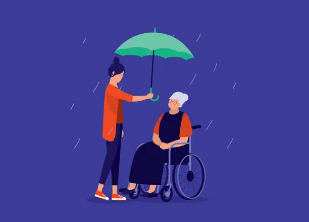 Vector illustration of Young Woman Protecting Disabled Senior Woman From Rain. Concept Of Elderly Care.