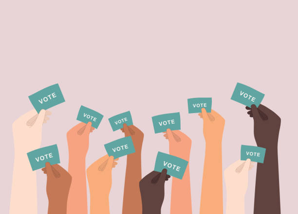 Diverse Group Of Human’s Hand Voting. Diverse Group Of Human ’s Hand Holding Paper With “Vote” Text. Isolated On Color Background. voting stock illustrations