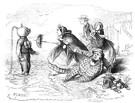 Caricature of a SCUBA diver coming out of the water and frightening people. Humor. Comic. Wood Block Engravings published in 1860. Original edition is from my own archives. Copyright has expired and is in Public Domain.