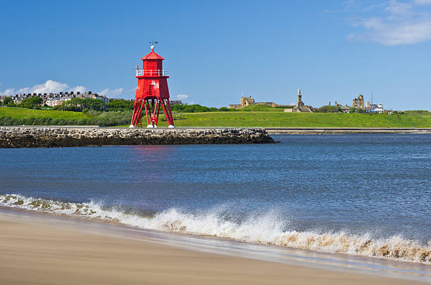 Herd Groyne at South Shields looking toward Tynemouth Priory at the mouth of the River Tyne.