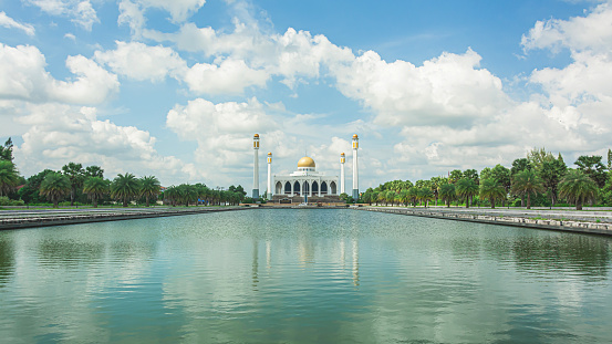 Songkhla Central Mosque with blue sky and cloud over the mosque . Largest Mosque in Thailand