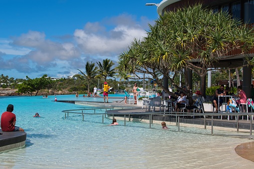 Yeppoon, Queensland, Australia - April 20, 2022: Beautiful swimming lagoon on the beach in Yeppoon, Australia