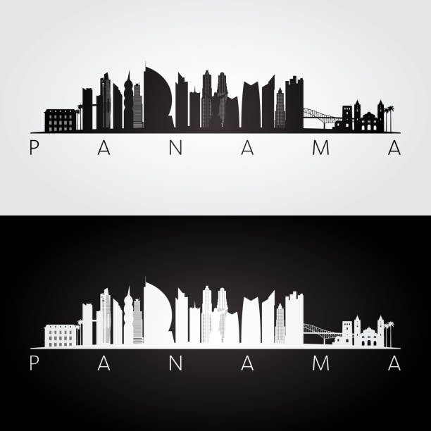 ilustrações, clipart, desenhos animados e ícones de horizonte do panamá e marcos silhueta, design preto e branco, ilustração vetorial. - panama