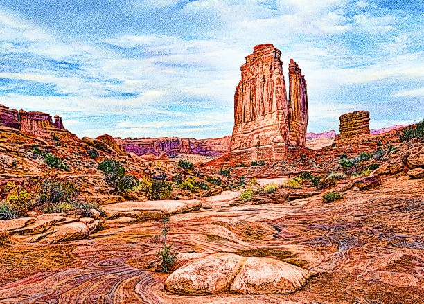 ilustrações, clipart, desenhos animados e ícones de parque nacional arches, utah. park avenue - formação rochosa - arches national park illustrations