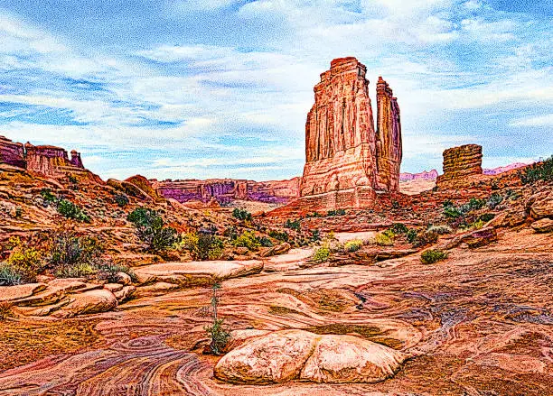 Vector illustration of Arches National Park, Utah. Park Avenue - Rock Formation