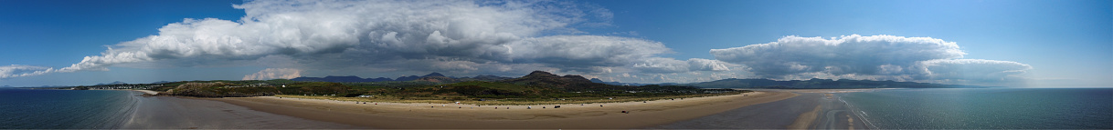 Drone point of view panorama of long sandy beach