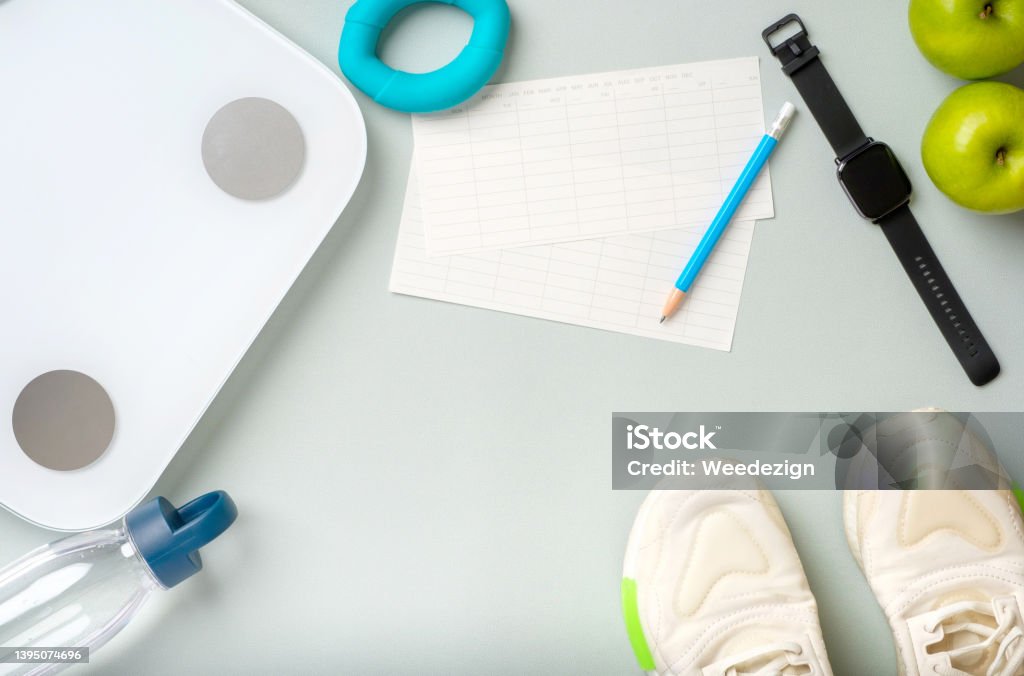 Exercise Stuff Top View Exercise Stuff On Green Purple Table For Healty Lifestyle ...