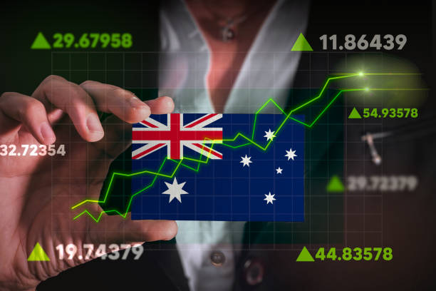 Graph growing up in Front Of Australia Flag. business state growing up concept. business state growing up concept. Highest Paying Jobs in Australia stock pictures, royalty-free photos & images