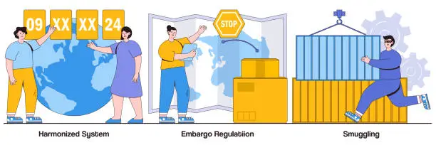 Vector illustration of Harmonized System, Embargo Regulation, Smuggling with People Characters Illustrations Pack