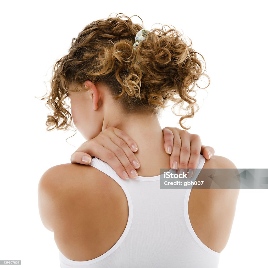 Woman massaging pain back isolated on white Woman massaging pain back  Massaging Stock Photo