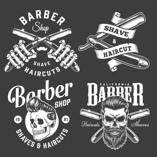 Vintage barbershop monochrome prints Vintage barbershop monochrome prints with skeleton hands holding crossed razors and hipster skulls with trendy hairstyles isolated vector illustration safety razor stock illustrations