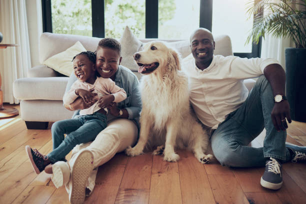 снимок молодой пары, сидящей на полу гостиной со своей до�черью - family dog happiness pets стоковые фото и изображения