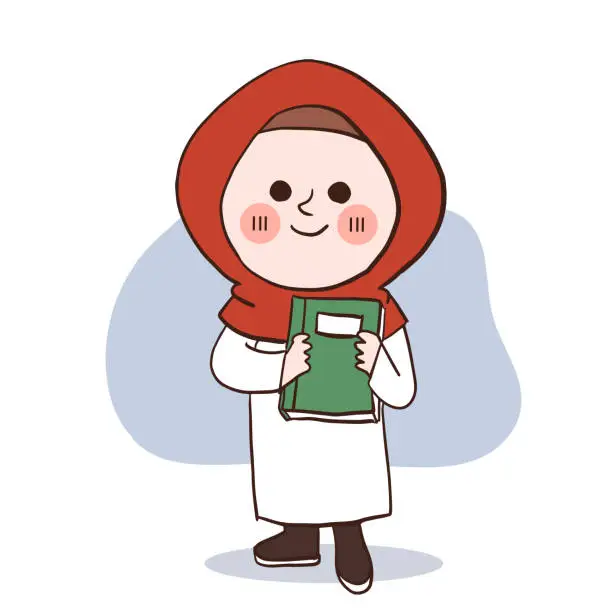 Vector illustration of back to school concept.doodle art.A happy little muslim girl holding a book. vector cartoon character