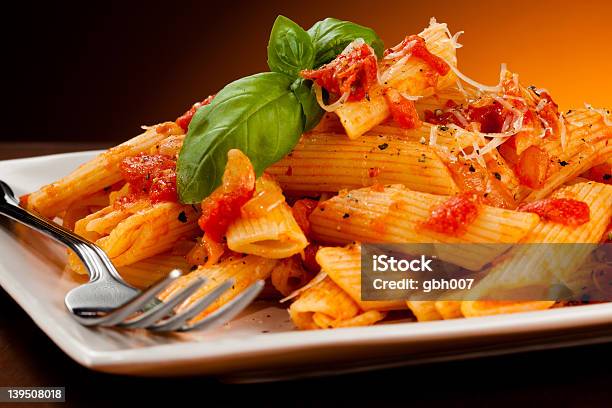 Pasta With Tomato Sauce And Parmesan Stock Photo - Download Image Now - Basil, Boiled, Cheese