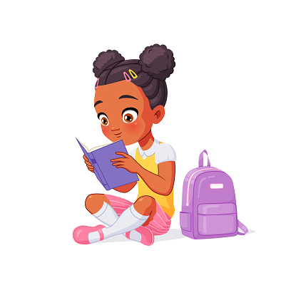 Cute little African American school girl reading an interesting book while sitting on the floor. Cartoon vector illustration isolated on white background.