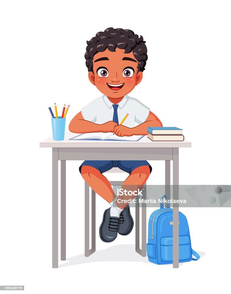Happy Indian School Boy Sitting At Desk Cartoon Vector Illustration Stock  Illustration - Download Image Now - iStock