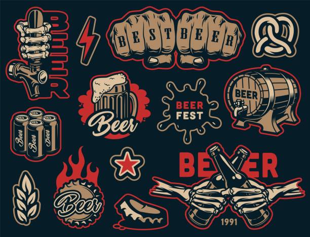 ilustrações, clipart, desenhos animados e ícones de coleção colorida dos elementos da cerveja do vintage - cans toast