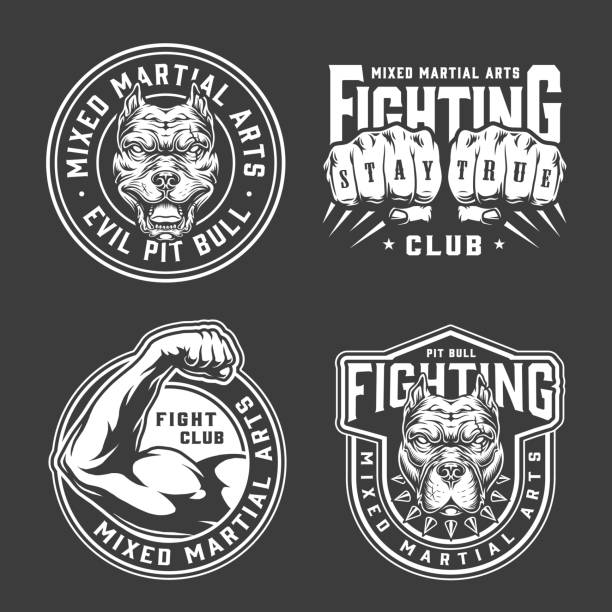 Vintage mixed martial arts prints Vintage mixed martial arts prints with angry dog heads fighter fists and strong male arm in monochrome style isolated vector illustration pitbull graphic stock illustrations