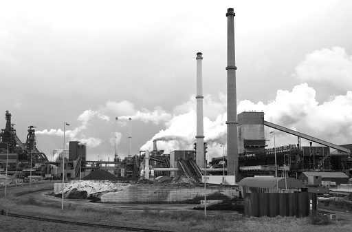 Steel factory plant with chimneys in the Netherlands