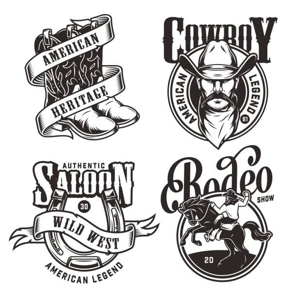 Vintage wild west emblems Vintage wild west emblems with cowboy head in hat and scarf horseshoe ribbon around cowboy boots rider and horse in monochrome style isolated vector illustration saloon logo stock illustrations