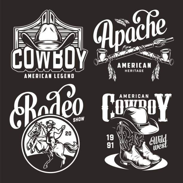 Monochrome vintage wild west prints Monochrome vintage wild west prints with crossed american indian smoking pipes cowboy hats boots rider and horse isolated vector illustration saloon logo stock illustrations
