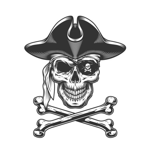 海賊の帽子をかぶったヴィンテージの頭蓋骨 - pirate eye patch black skull and bones点のイラスト素材／クリップアート素材／マンガ素材／アイコン素材