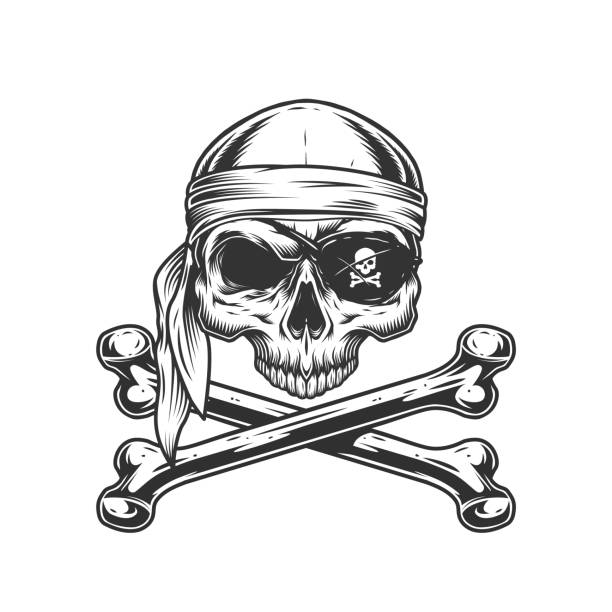 顎のないヴィンテージ海賊の頭蓋骨 - pirate eye patch black skull and bones点のイラスト素材／クリップアート素材／マンガ素材／アイコン素材