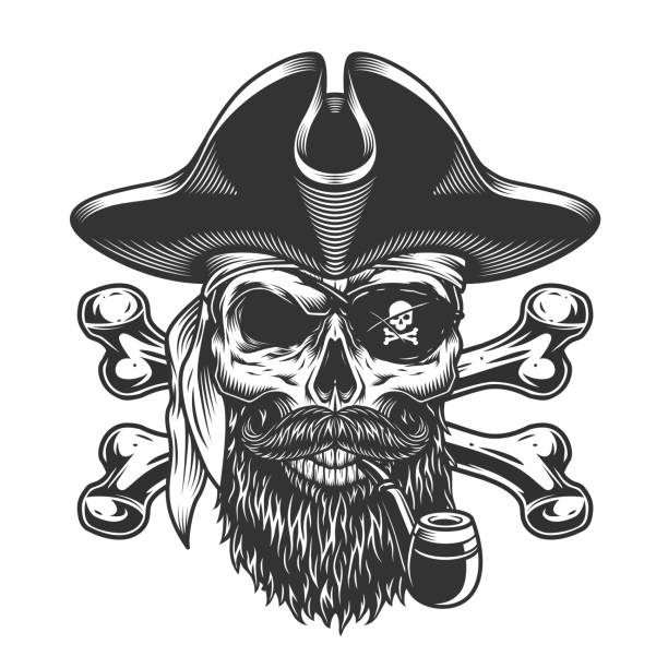 ヴィンテージのあごひげと口ひげを生やした海賊の頭蓋骨 - pirate eye patch black skull and bones点のイラスト素材／クリップアート素材／マンガ素材／アイコン素材