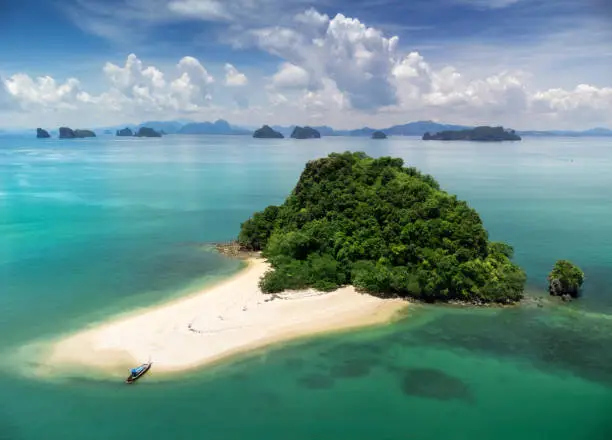 Beautiful green lagoon and white sand beach near Koh Hong island Andaman sea at Krabi province, Thailand.