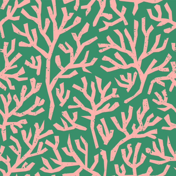 stockillustraties, clipart, cartoons en iconen met coral seamless pattern on green background in vintage style. fauvist style-inspired modern abstract organic algae background. - koraal
