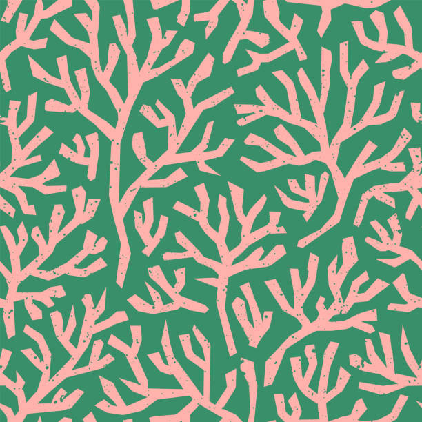 ilustrações de stock, clip art, desenhos animados e ícones de coral seamless pattern on green background in vintage style. fauvist style-inspired modern abstract organic algae background. - padrão natural