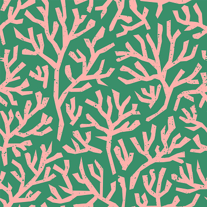 Coral seamless pattern on green background in vintage style. Fauvist style-inspired modern abstract organic algae background. Vector design for textile, wrapping paper, greeting cards.