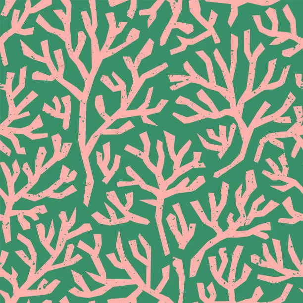 Vector illustration of Coral seamless pattern on green background in vintage style. Fauvist style-inspired modern abstract organic algae background.