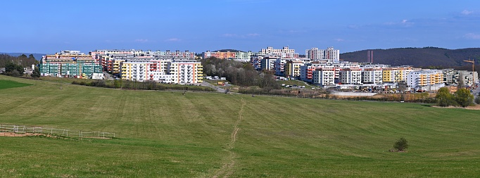 Zug the small town in central switzerland with arround 30'000 residents captured during a beautiful day in springtime. The image shows the modern part of the city with several residential buildings.