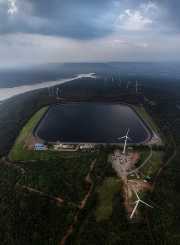 Aerial view of wind power windmill generators farm of Electricity Generating Authority of Thailand at Khao Yai Tien Nakhon Ratchasima, Thailand