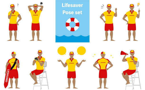 Senior Male lifesaver pose set, questioning, worrying, encouraging, pointing, etc. Senior Male lifesaver pose set, questioning, worrying, encouraging, pointing, etc. Lifeguard stock illustrations